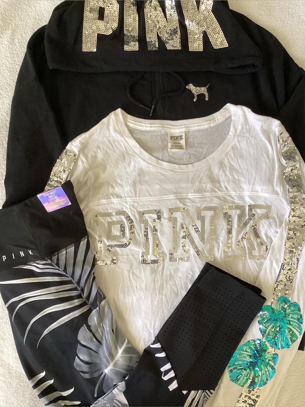 Victoria’s Secret PINK BLING Tropical Palm Hoodie Jacket Shirt Yoga Leggings L